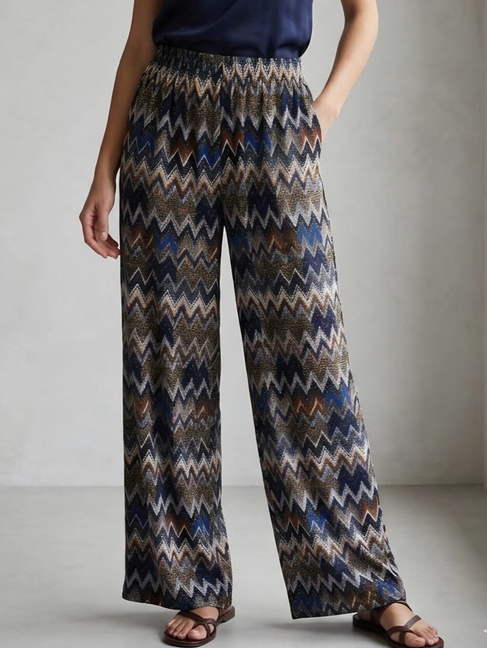 Boho Chevron Wide Leg Palazzo Pants Elastic Waist Multicolor Zig Zag